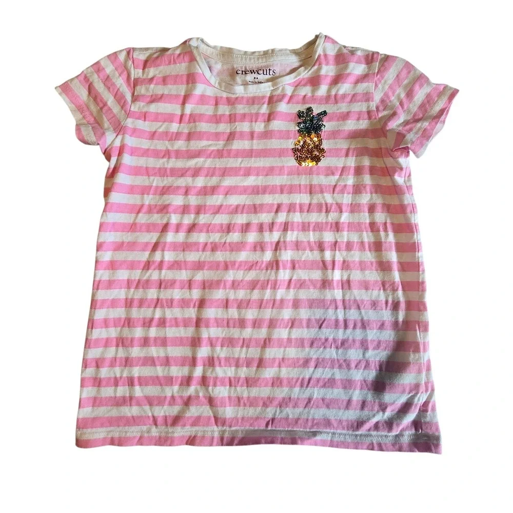 J‎ Crew Crewcuts 100% Cotton Striped Top Girls M (8-9) Pink Beaded Pineapple